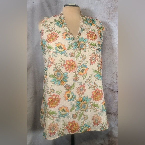 Cato Tops - Cream Peach Orange Blue Floral Sleeveless Top V-neck Tie Back 22/24W 3X Ruffles